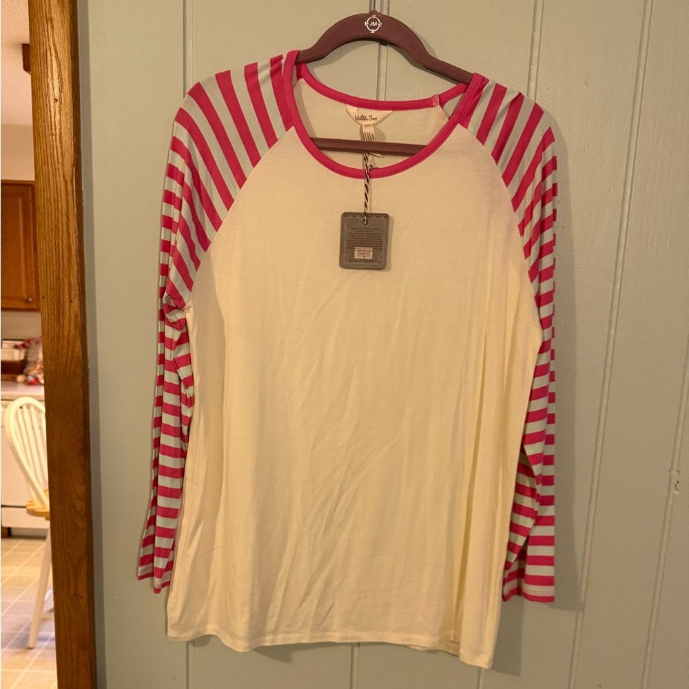 Matilda Jane women’s Pink and White Striped Long Sleeve Shirt size large, NWT